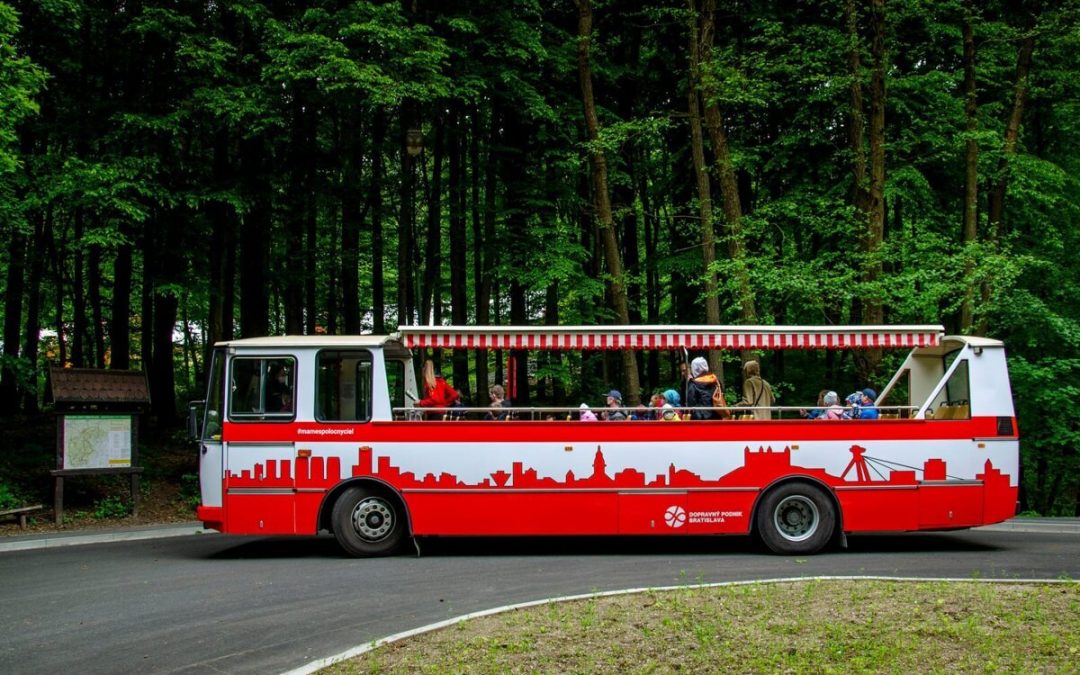 Open-top bus shows people around Bratislava forests. For free