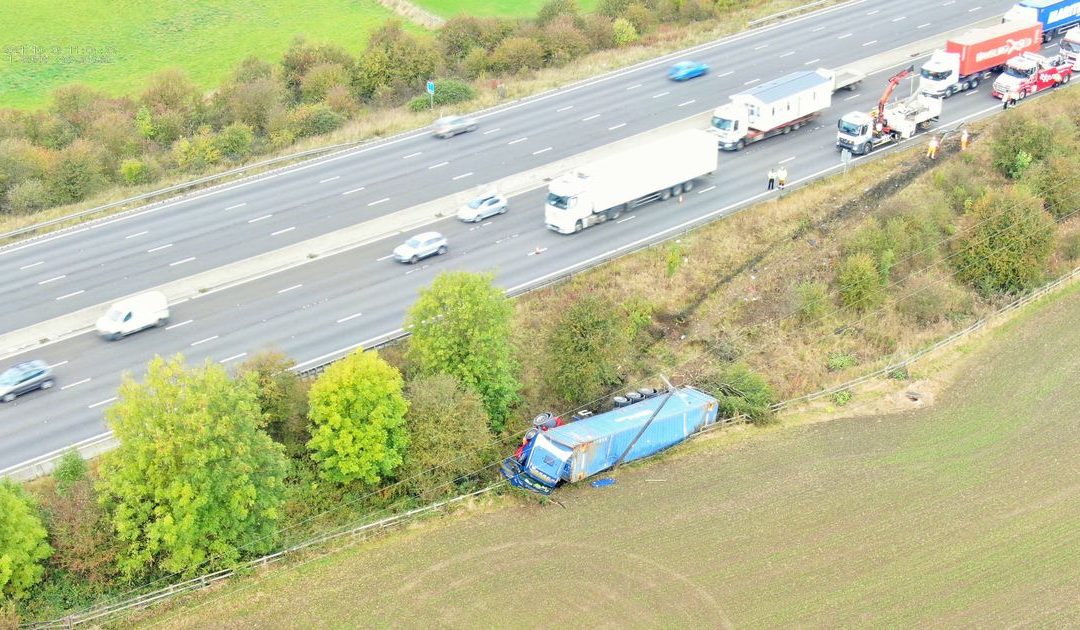 M1 junction 31 completely shut with huge delays after lorry flips over – recap
